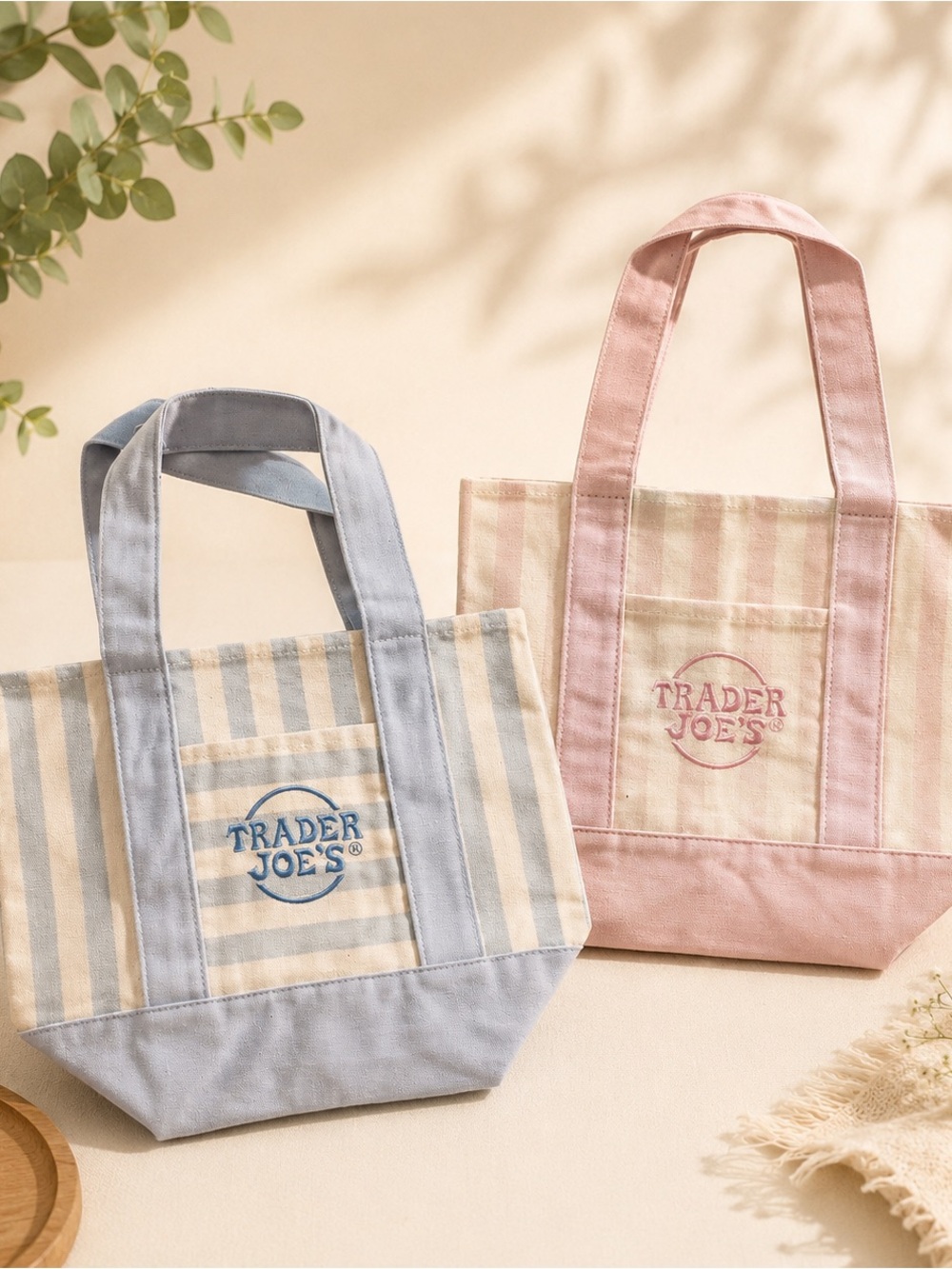 Pink Stripe Tote Bag  and sky blue - Women's Casual Shopper